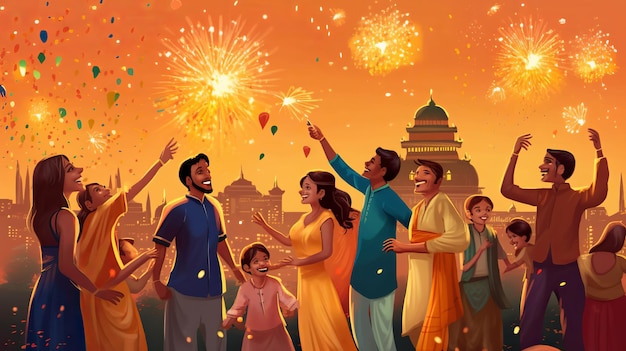 Famiglia indiana felice che celebra la festa di Diwali Generative Ai