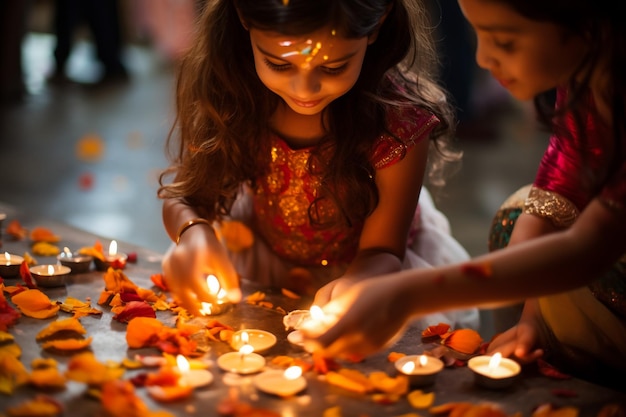 Famiglia indiana in sari tradizionale accende lampada a olio e celebra Diwali o Deepavali fesitval di