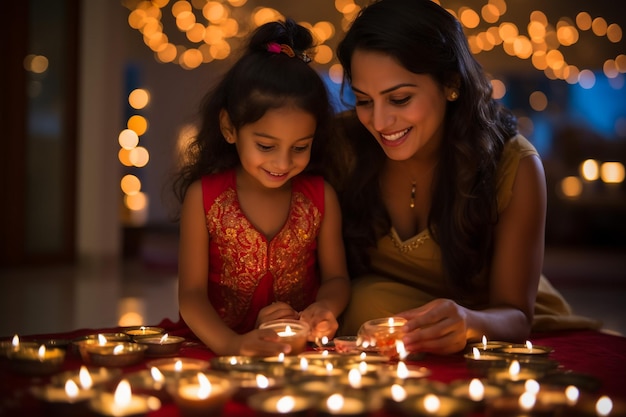 Famiglia indiana in sari tradizionale accende lampada a olio e celebra Diwali o Deepavali fesitval di