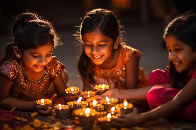 Famiglia indiana in sari tradizionale accende lampada a olio e celebra Diwali o Deepavali fesitval di