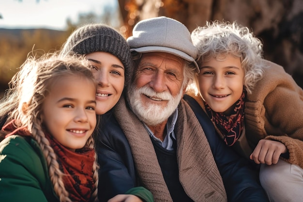 Famiglia insieme Foto di famiglia di un anziano padre, figlia e giovani nipoti Figli e nipoti visitano i genitori anziani Valori familiari Famiglia amichevole Prendersi cura degli anziani