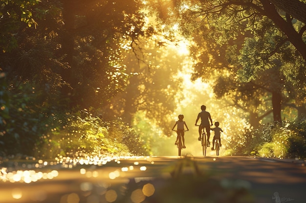 Famiglia interrazziale in bicicletta attraverso un percorso panoramico o