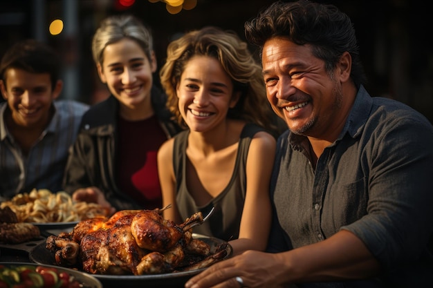 Famiglia latina all'ora di pranzo che mangia pollo