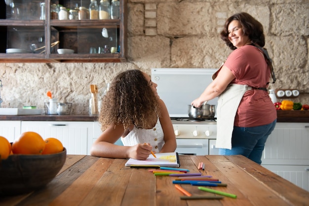 famiglia monoparentale nella cucina di casa condividendo momenti insieme