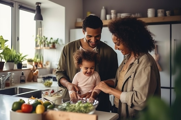 Famiglia multietnica felice che trascorre del tempo in cucina