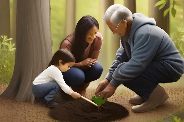 Famiglia multigenerazionale e albero delle piante nella foresta