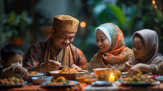 Famiglia musulmana che celebra l'Iftar del Ramadan