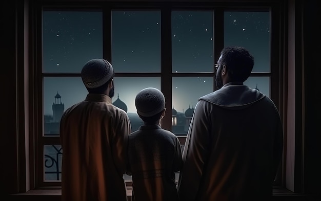 famiglia musulmana che guarda fuori dalla finestra con la moschea di notte vista del cielo all'esterno