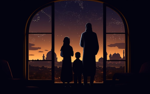 famiglia musulmana che guarda fuori dalla finestra con la moschea di notte vista del cielo all'esterno