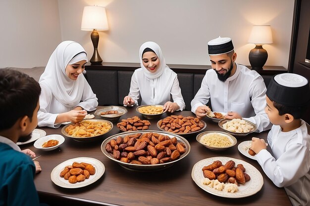 Famiglia musulmana che inizia l'iftar con i datteri durante il Ramadan