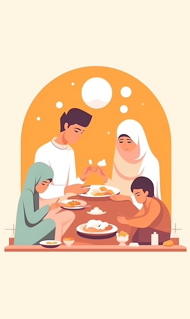 Famiglia musulmana che mangia e indossa un abito bianco ai generativo