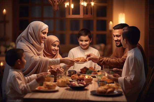 Famiglia musulmana che si godono un pasto festivo celebrazioni del Ramadan