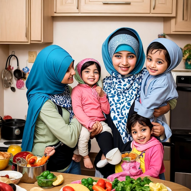 Famiglia musulmana con un'attenzione alle loro espressioni gioiose AI_Generated