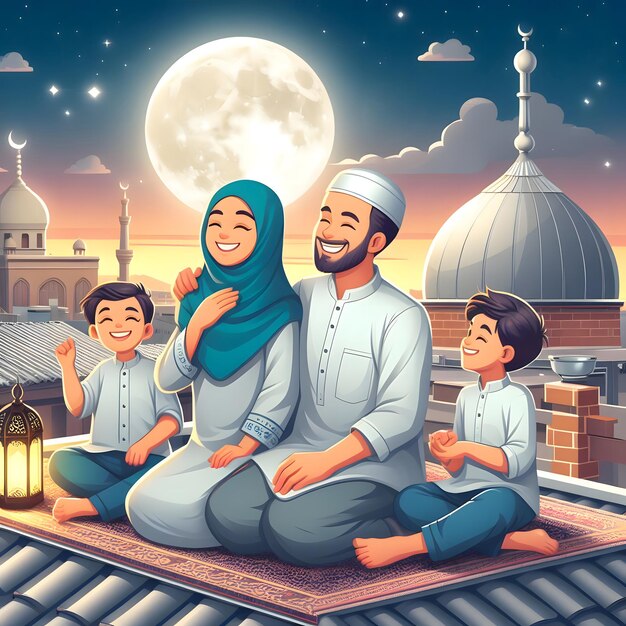 Famiglia musulmana sul tetto nel mese di Ramadan generata dall'AI