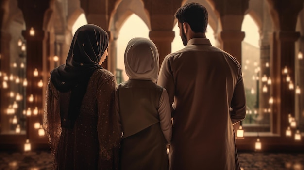 Famiglia musulmana vista moschea famiglia musulmana eid saluti vista posteriore Jumma Mubarak