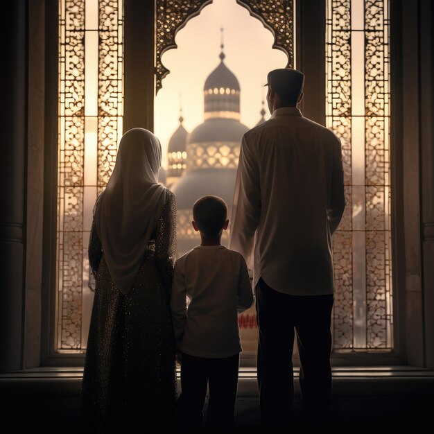 Famiglia musulmana vista moschea famiglia musulmana eid saluti vista posteriore Jumma Mubarak