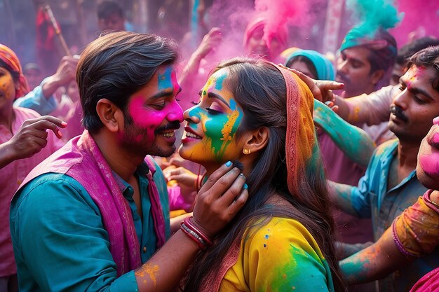 Famiglia o coppia che festeggia Holi nel parco