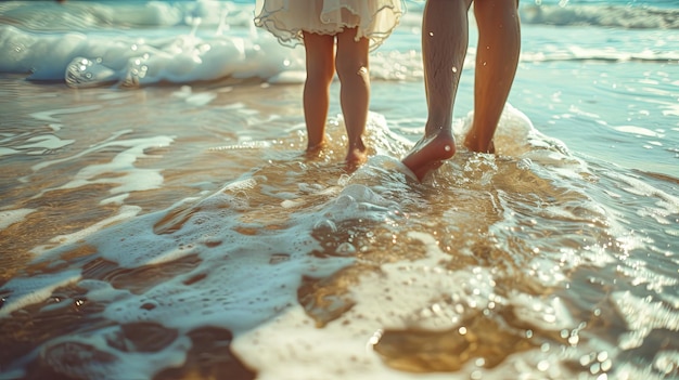 Famiglia piedi che camminano sulla spiaggia spiaggia sabbia mare disegno di sfondo bandiera