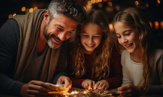 famiglia riunita regali di Natale gioia felicità casa calda atmosfera di Natale bambini famiglia