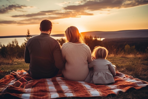 Famiglia seduta a guardare il tramonto su un lago