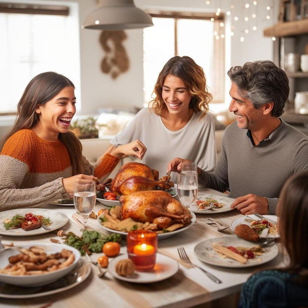 famiglia seduta a un tavolo, su uno dei quali c'è un tacchino sopra.