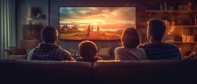 Famiglia seduta insieme in un accogliente soggiorno a guardare la televisione IA generativa