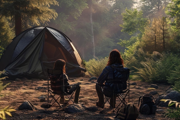 Famiglia seduta su una sedia in campeggio con la tenda al lago