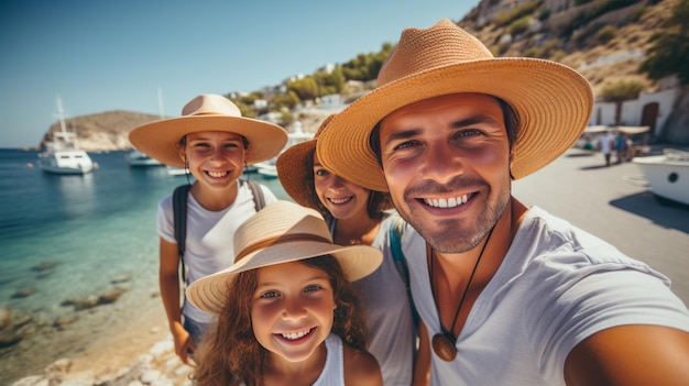 Famiglia sorridente con i cappelli sulla spiaggia Vacanze in famiglia sulla costa ionica