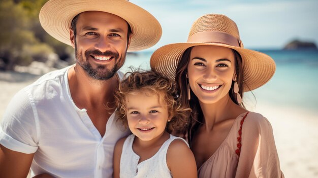 Famiglia sorridente in cappelli sulla spiaggia Vacanza in famiglia sulla costa ionica