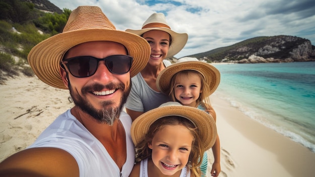 Famiglia sorridente in cappelli sulla spiaggia Vacanza in famiglia sulla costa ionica