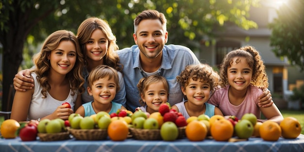 Famiglia sorridente seduta all'aperto con frutta a tavola