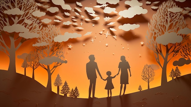 famiglia sotto l'albero nel cielo notturno