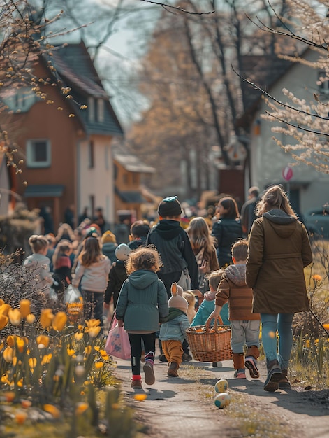 Famiglie che si riuniscono per una tradizionale caccia agli uova di Pasqua a Germ Neighbor Holiday Creative Background