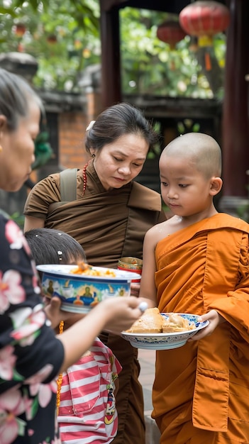 Famiglie che visitano i templi offrendo cibo ai monaci