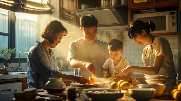 Famiglie mentre preparano la colazione insieme ritratto di una famiglia in cucina