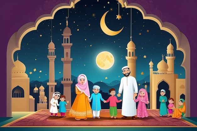 Famiglie musulmane che augurano Eid MubarakHappy Eid in vettore