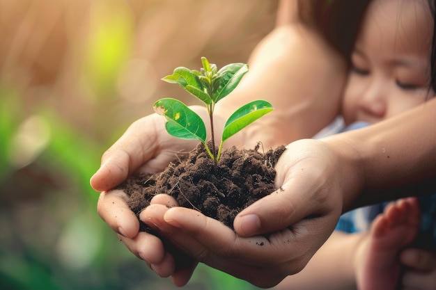 Famiglie volontarie piantano alberi per la campagna di responsabilità aziendale eco-friendly