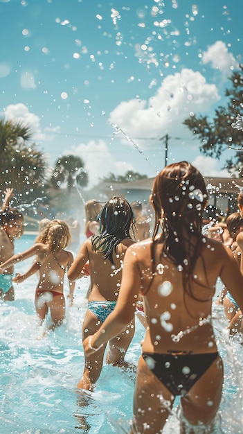 Families enjoying a Neighborhood Pool Party on a Hot Summer Neighbor Holiday Creative Background jpg