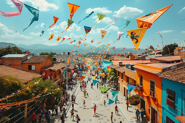 Families Flying Colorful Traditional Kites During a Mexican Neighbor Holiday Creative Background jpg