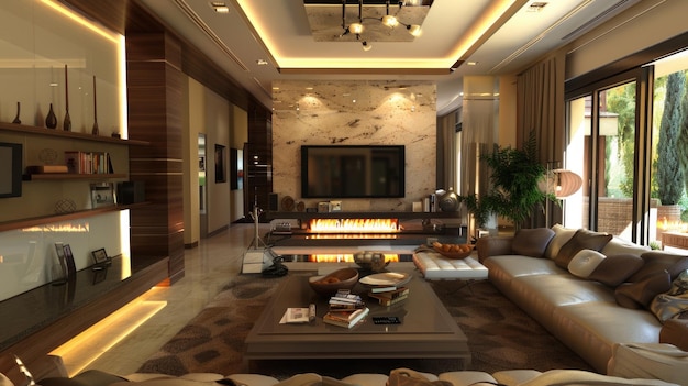 Family Design Luxurious Interior Design con soggiorno e camino in un'eleganza moderna