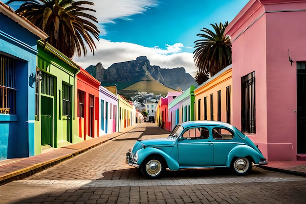 Famosa auto retrò dai colori vivaci parcheggiata vicino a case colorate nel quartiere di Bo Kaap a Città del Capo