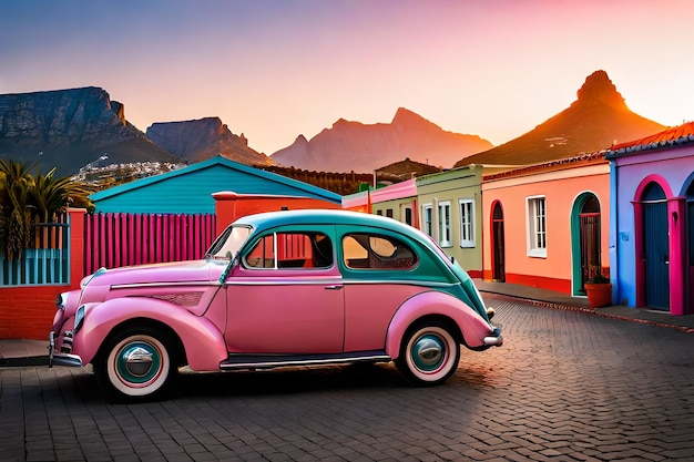 Famosa auto retrò dai colori vivaci parcheggiata vicino a case colorate nel quartiere di Bo Kaap a Città del Capo