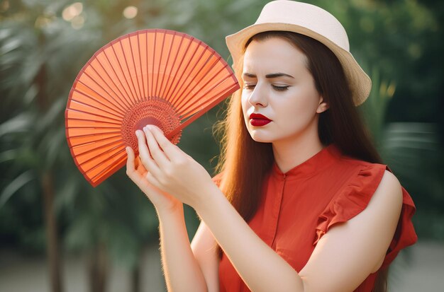 Fan a mano donna che soffre di squilibrio di calore preoccupato clima singolo raffreddatore luce generare Ai