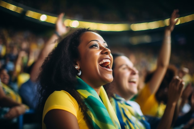 Fan brasiliane di calcio in uno stadio della Coppa del Mondo che sostengono la squadra nazionale