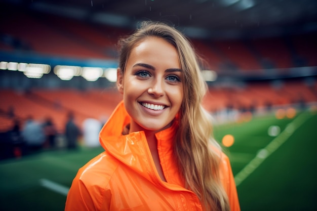 Fan di calcio femminile olandesi in uno stadio della Coppa del Mondo che sostengono la squadra nazionale