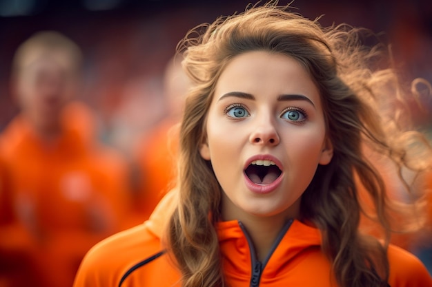 Fan di calcio femminile olandesi in uno stadio della Coppa del Mondo che sostengono la squadra nazionale
