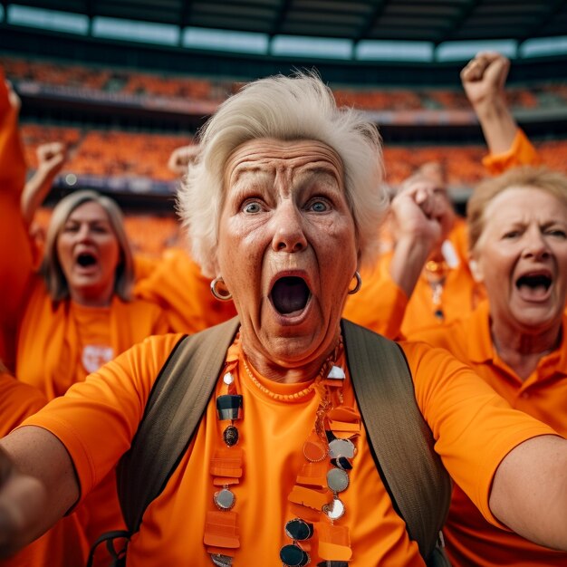 Fan di calcio femminile olandesi in uno stadio della Coppa del Mondo che sostengono la squadra nazionale