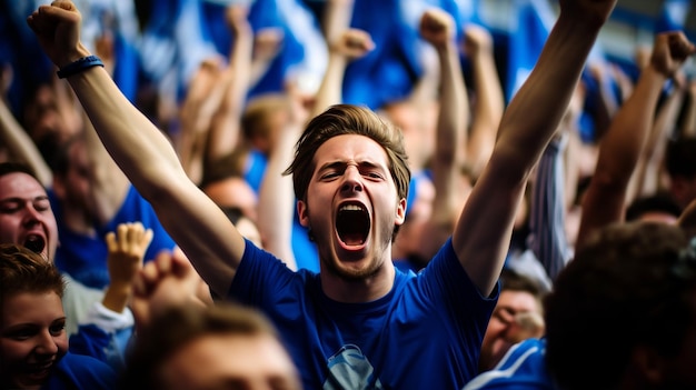 Fan eccitati in magliette blu che applaudono e guardano la partita in diretta dalle tribune della zona dei tifosi