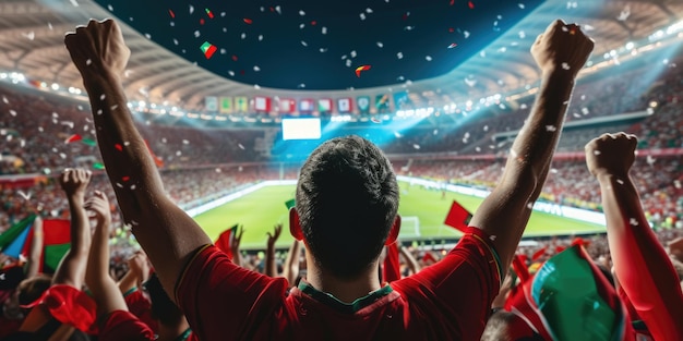 Fan in estasi guarda la partita di calcio mondiale sul dispositivo di visualizzazione con gioia aig