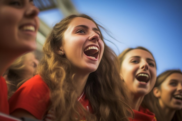 Fan spagnole di calcio in uno stadio della Coppa del Mondo che celebrano la vittoria della squadra nazionale spagnola di calcio